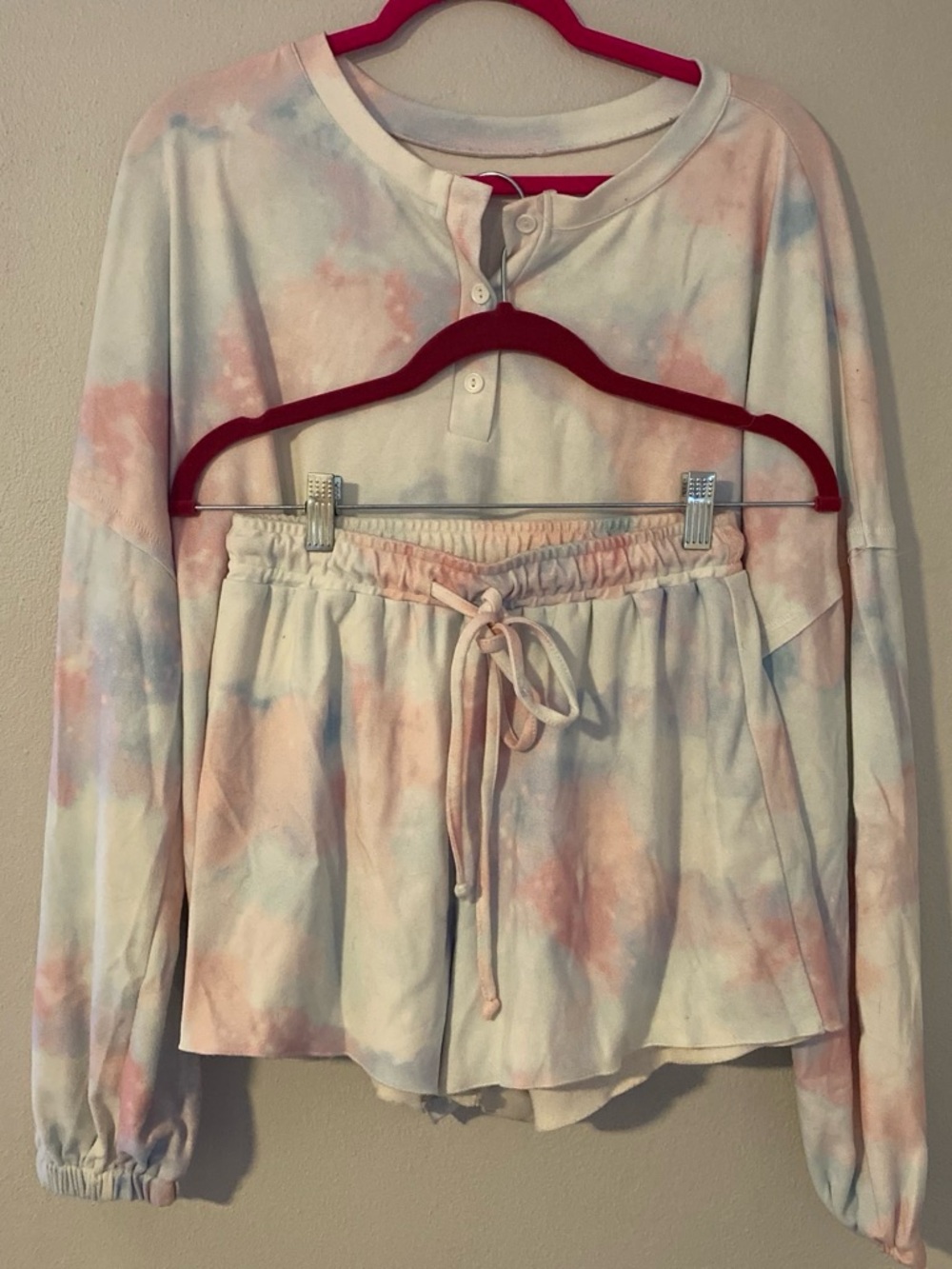Women's Pastel Tie-Dye Henley Set - Soft Pink & Blue